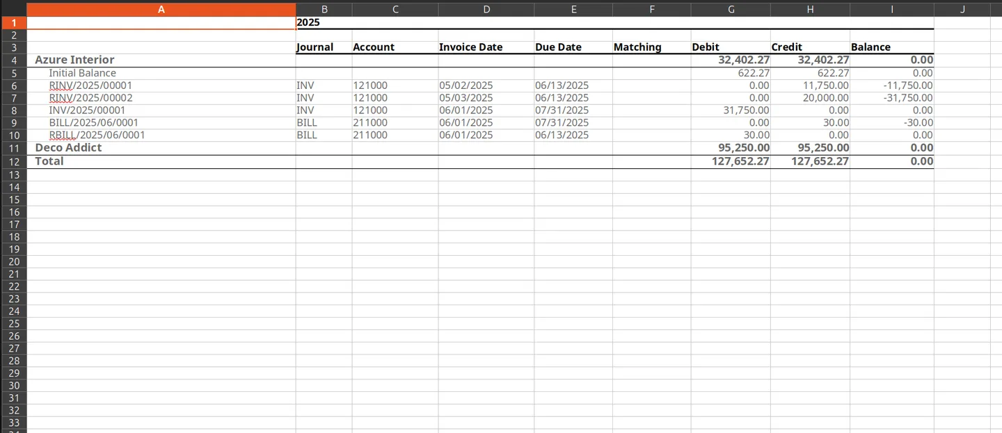 Unfolded base Partner Ledger XLSX export opened in a spreadsheet