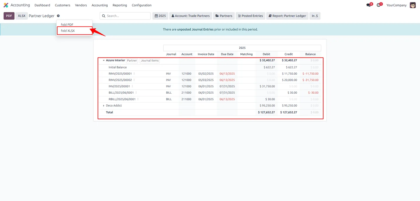 Fold XLSX button on the Odoo Partner Ledger toolbar