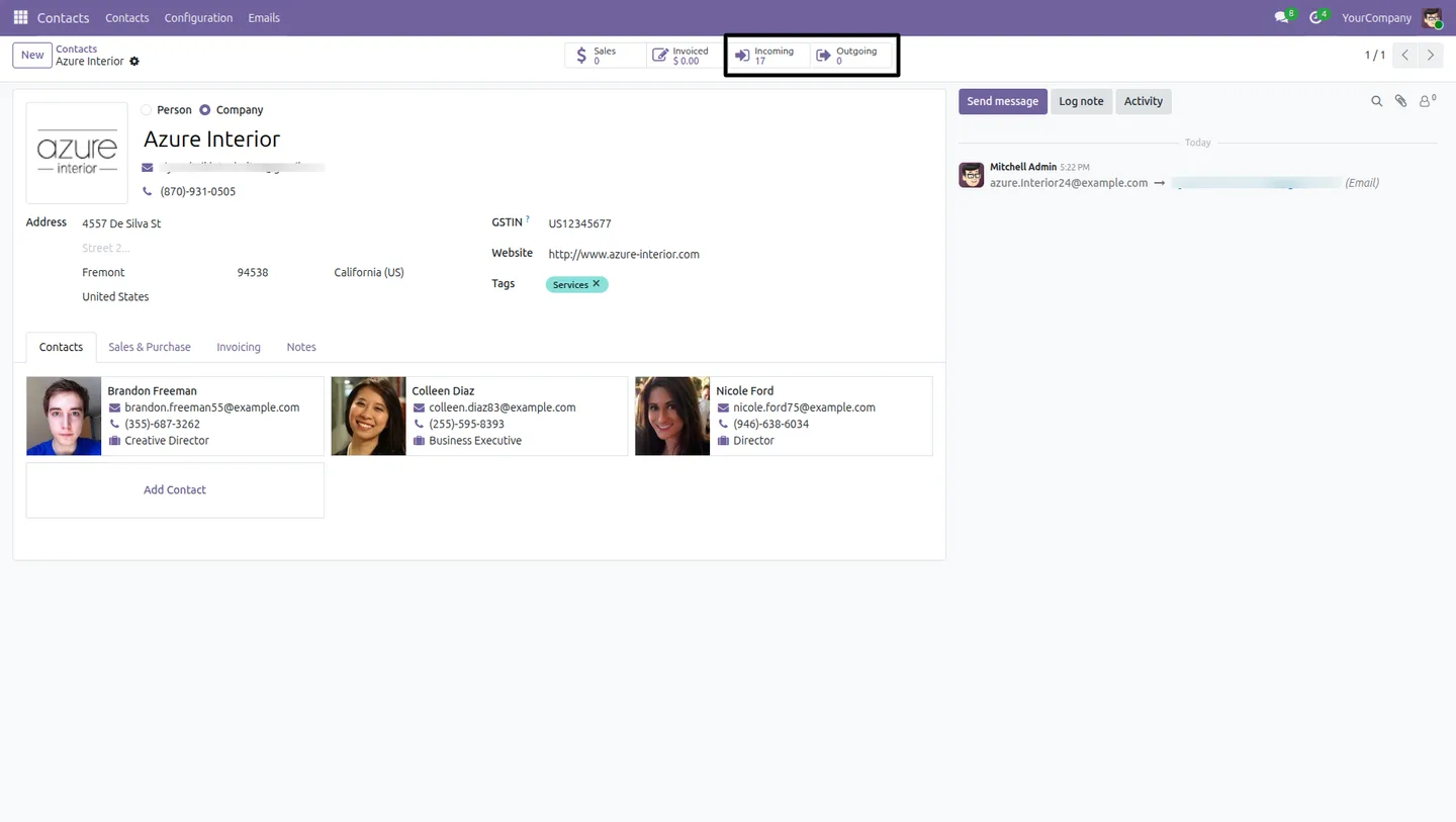 Incoming and outgoing email smart buttons on an Odoo contact form