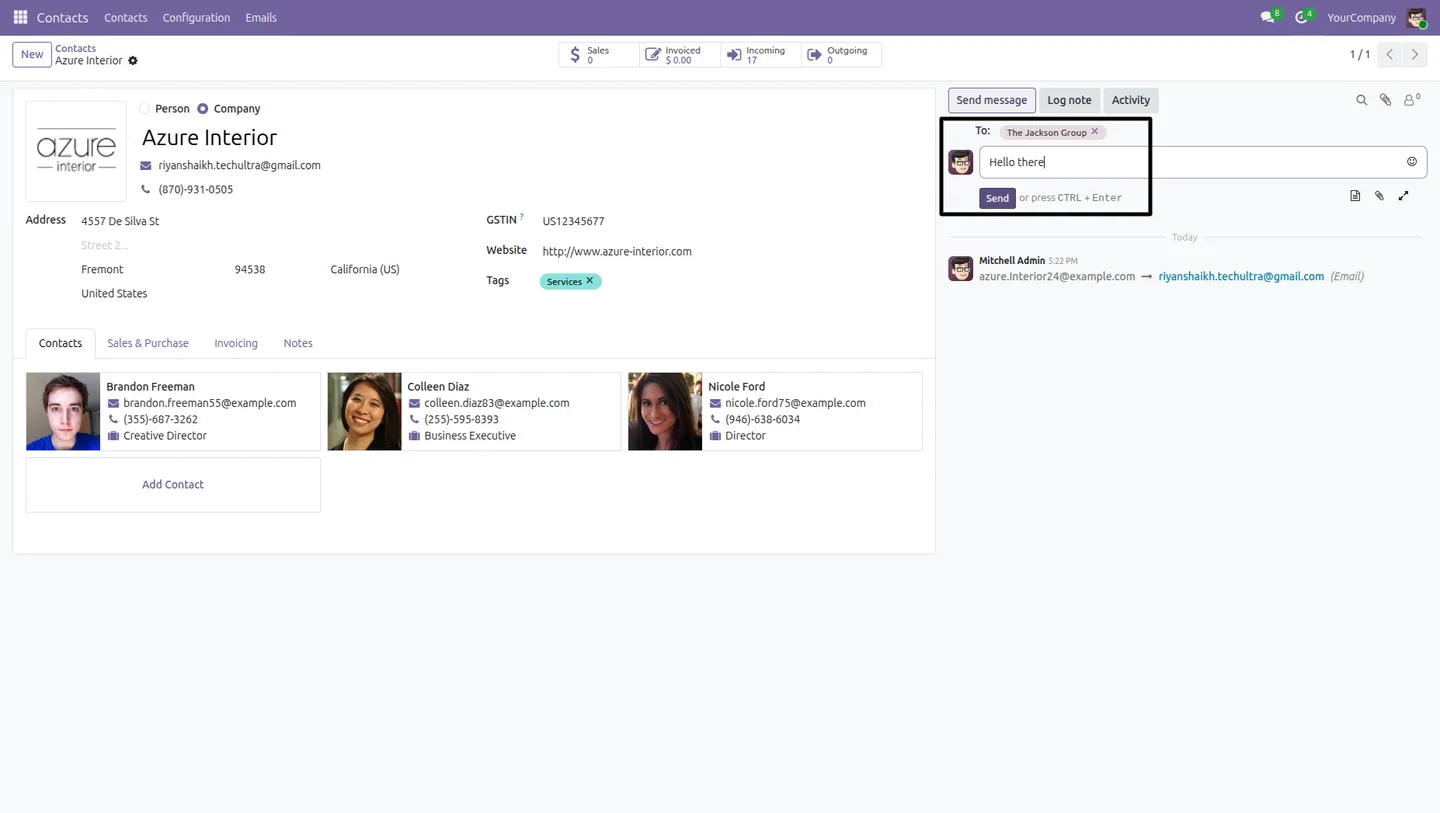 Sending an email from an Odoo contact tracked by Partner Mail Insights