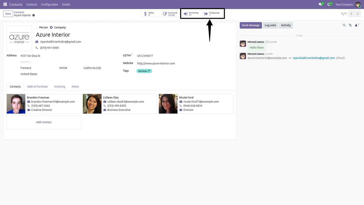 Outgoing email counter updating in real time on an Odoo contact