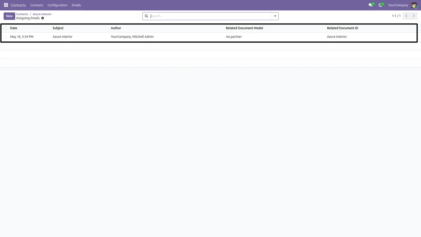 Filtered list of outgoing emails for an Odoo partner