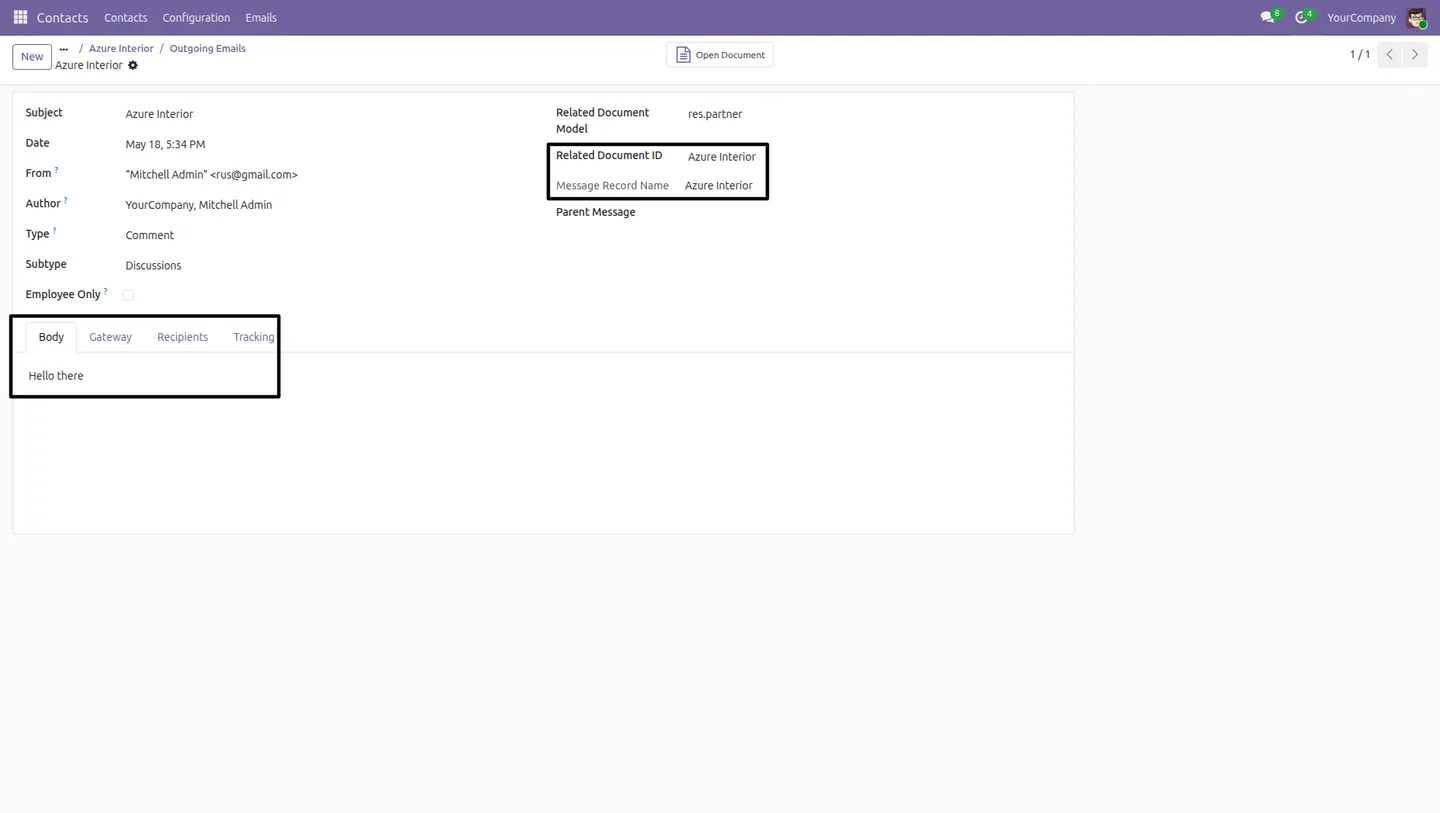 Outgoing email form view opened from the Odoo contact smart button
