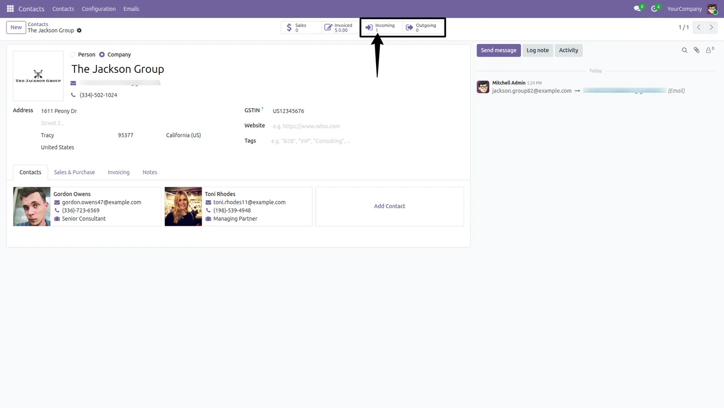 Incoming email counter on an Odoo contact form