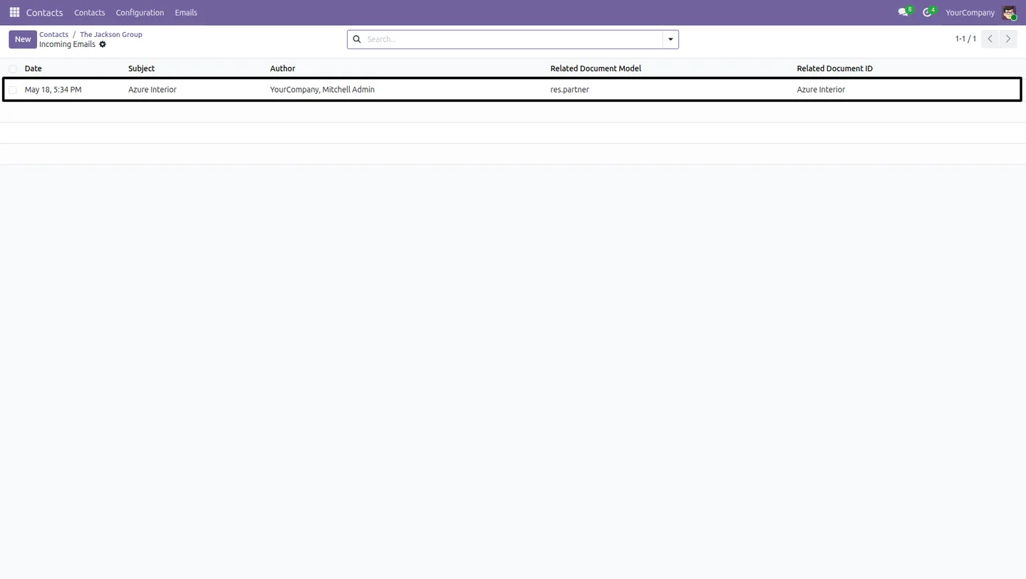 Filtered list of incoming emails tied to an Odoo partner