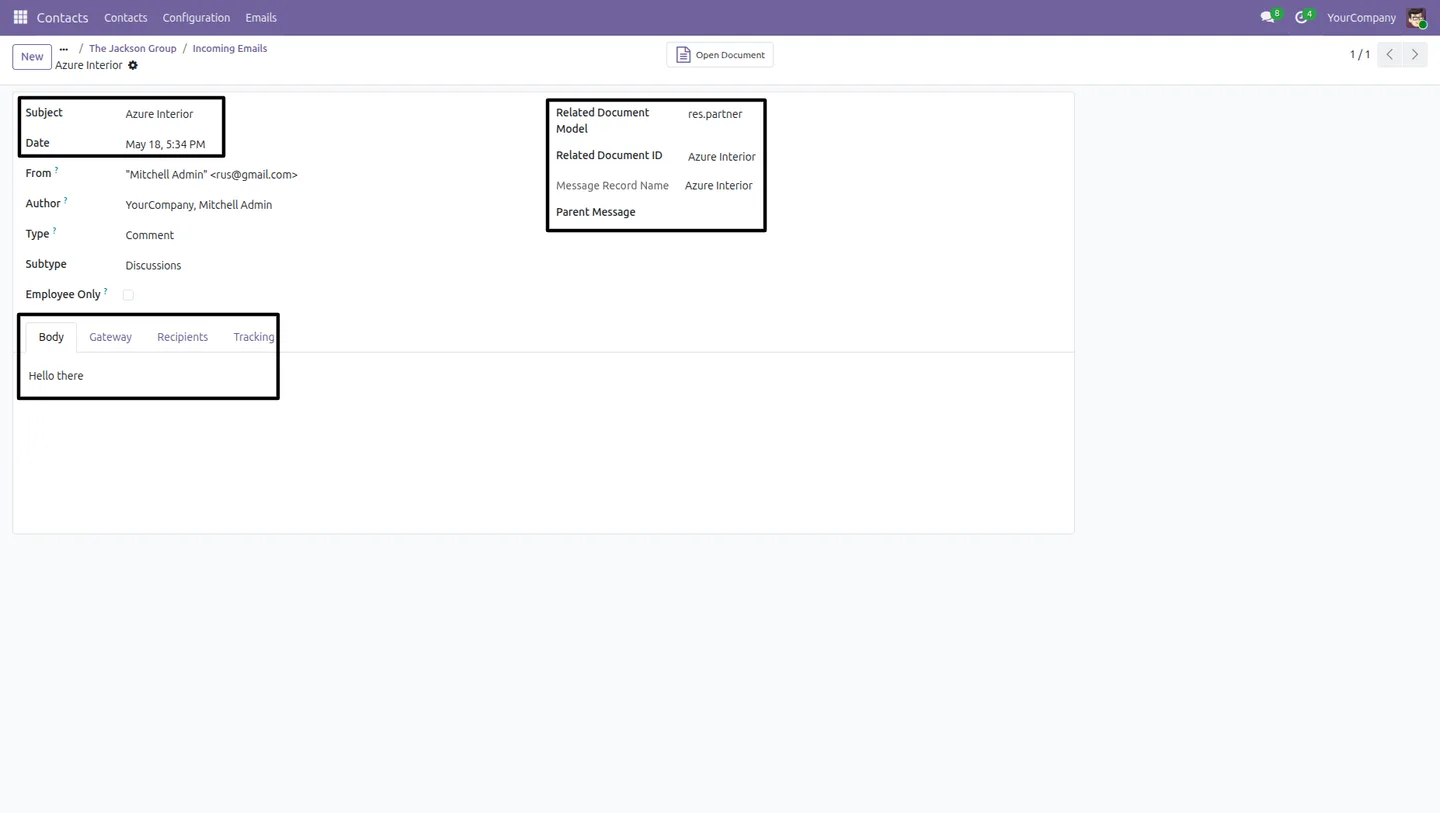 Incoming email form view drilled in from the Odoo contact smart button