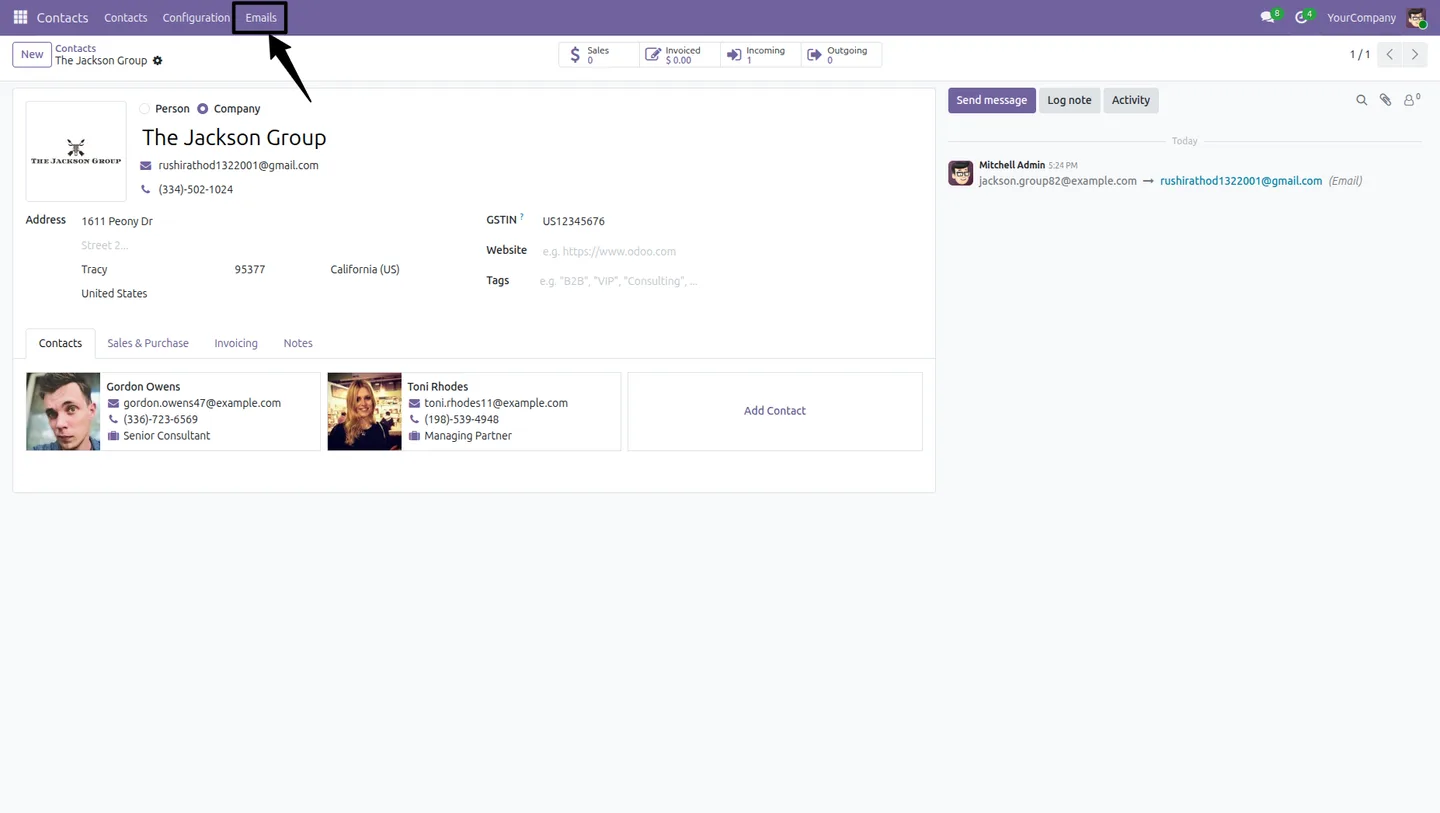 Email menu inside Odoo showing Partner Mail Insights filters
