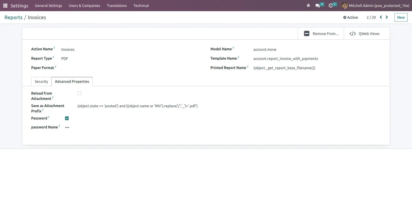 Enabling the Password checkbox on an Odoo report action record
