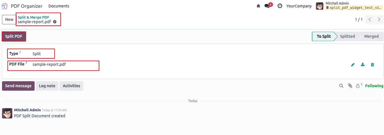 PDF Split tool open inside Odoo, ready to accept a source file