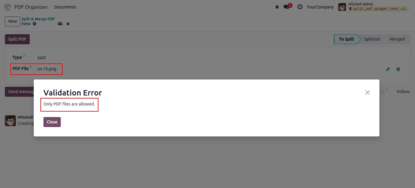 Validation error shown when an invalid PDF range is entered in Odoo
