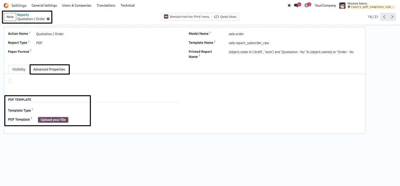 PDF Watermark module configuration on an Odoo report form