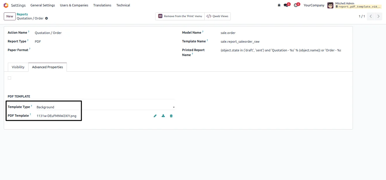 Selecting a watermark template type under Advanced Properties in Odoo