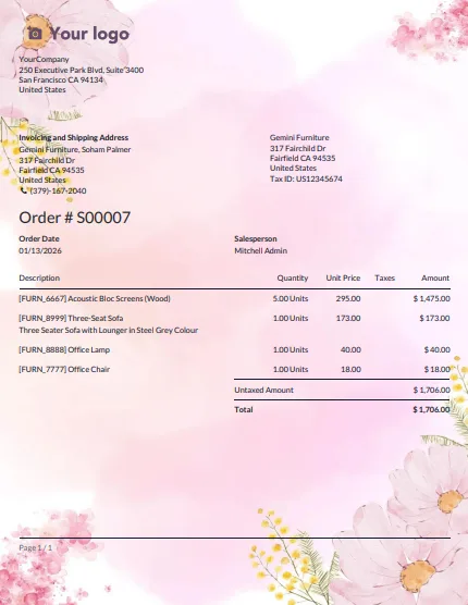An Odoo quotation PDF with a watermark applied