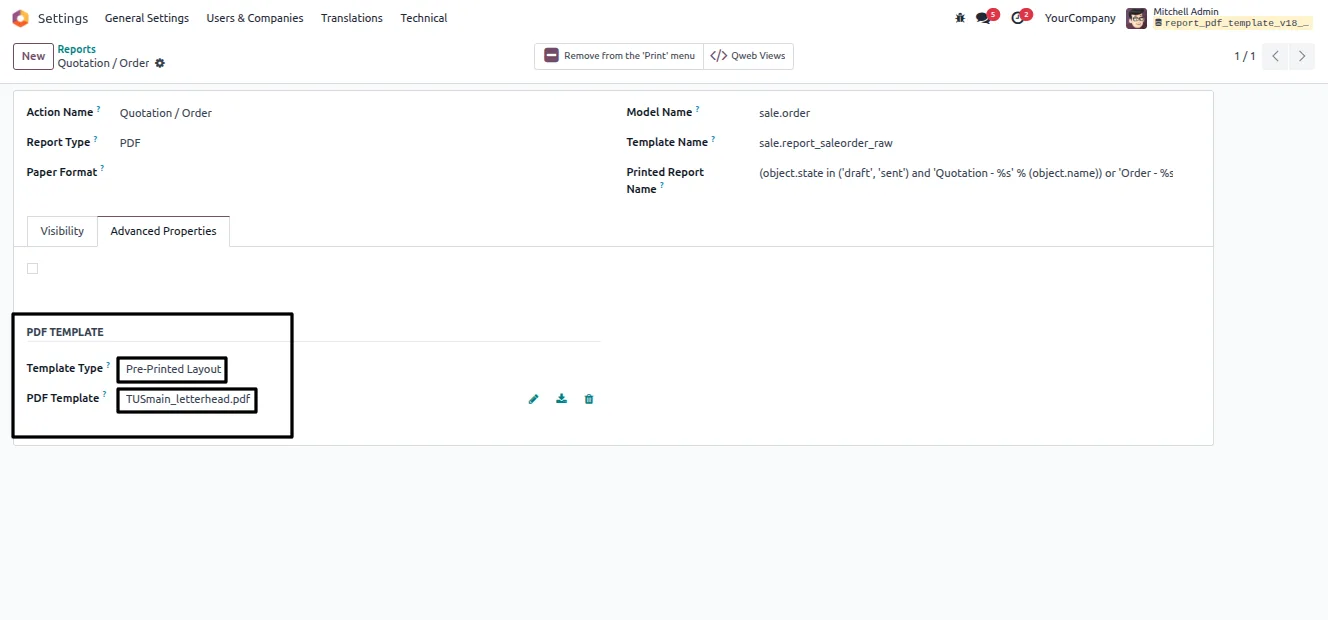 Configuring a background layout template for an Odoo PDF report