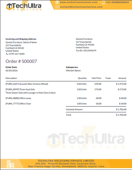 Odoo PDF report rendered on a branded background layout
