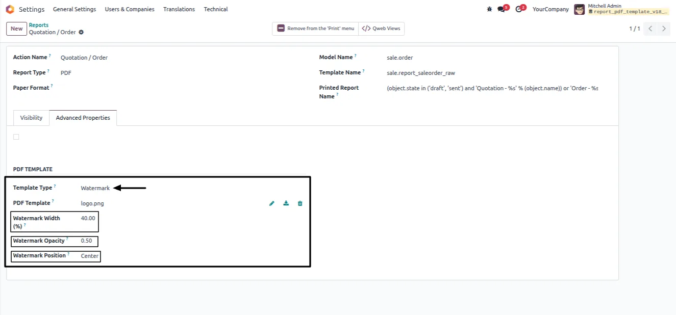 Pre-printed layout template settings on an Odoo report