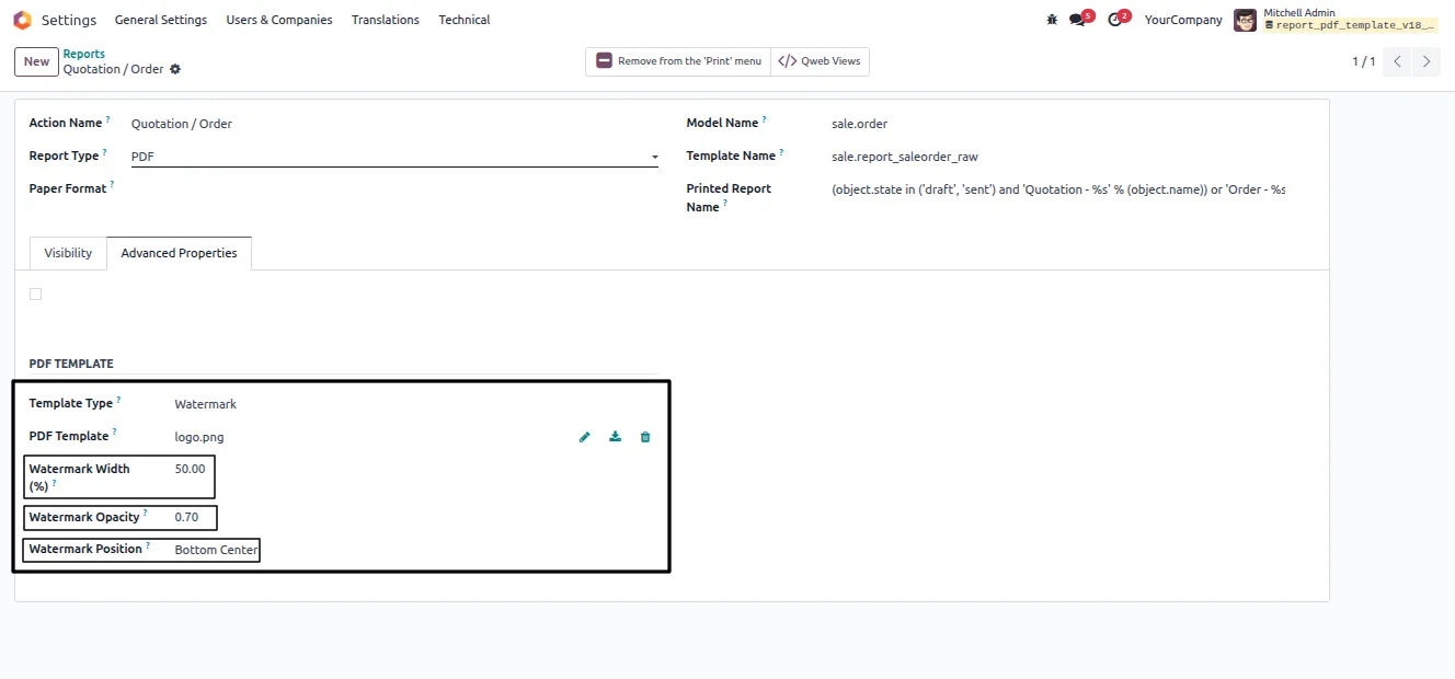 Per-report watermark configuration across Odoo reports