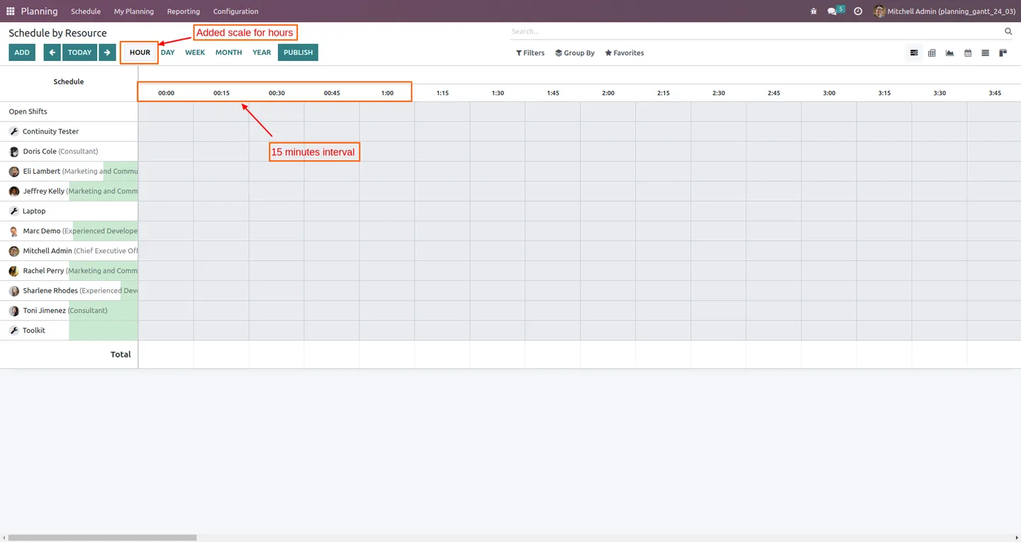Odoo Planning Gantt view with the 15-minute interval option enabled