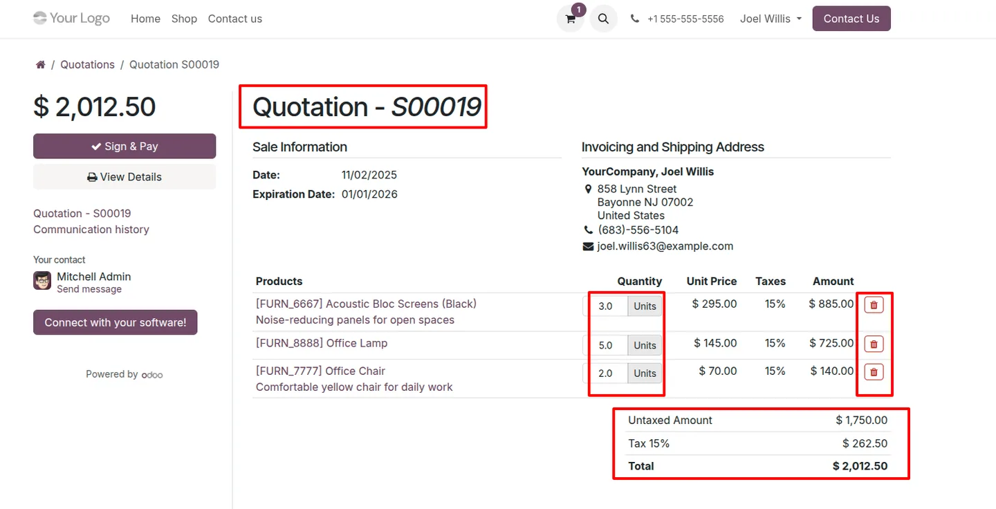 An Odoo portal quotation before quantities are updated or lines deleted
