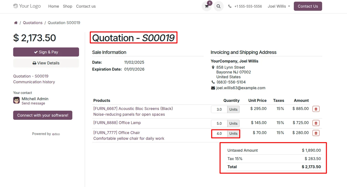 An updated line quantity on an Odoo portal quotation