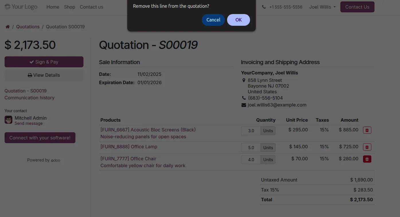 Deleting an order line from an Odoo portal quotation