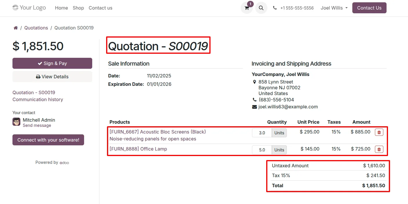 An Odoo portal quotation after a line has been removed
