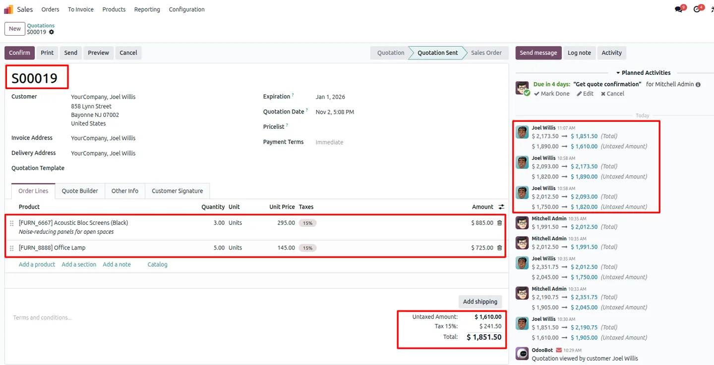 The matching sale order in the Odoo backend after a portal edit