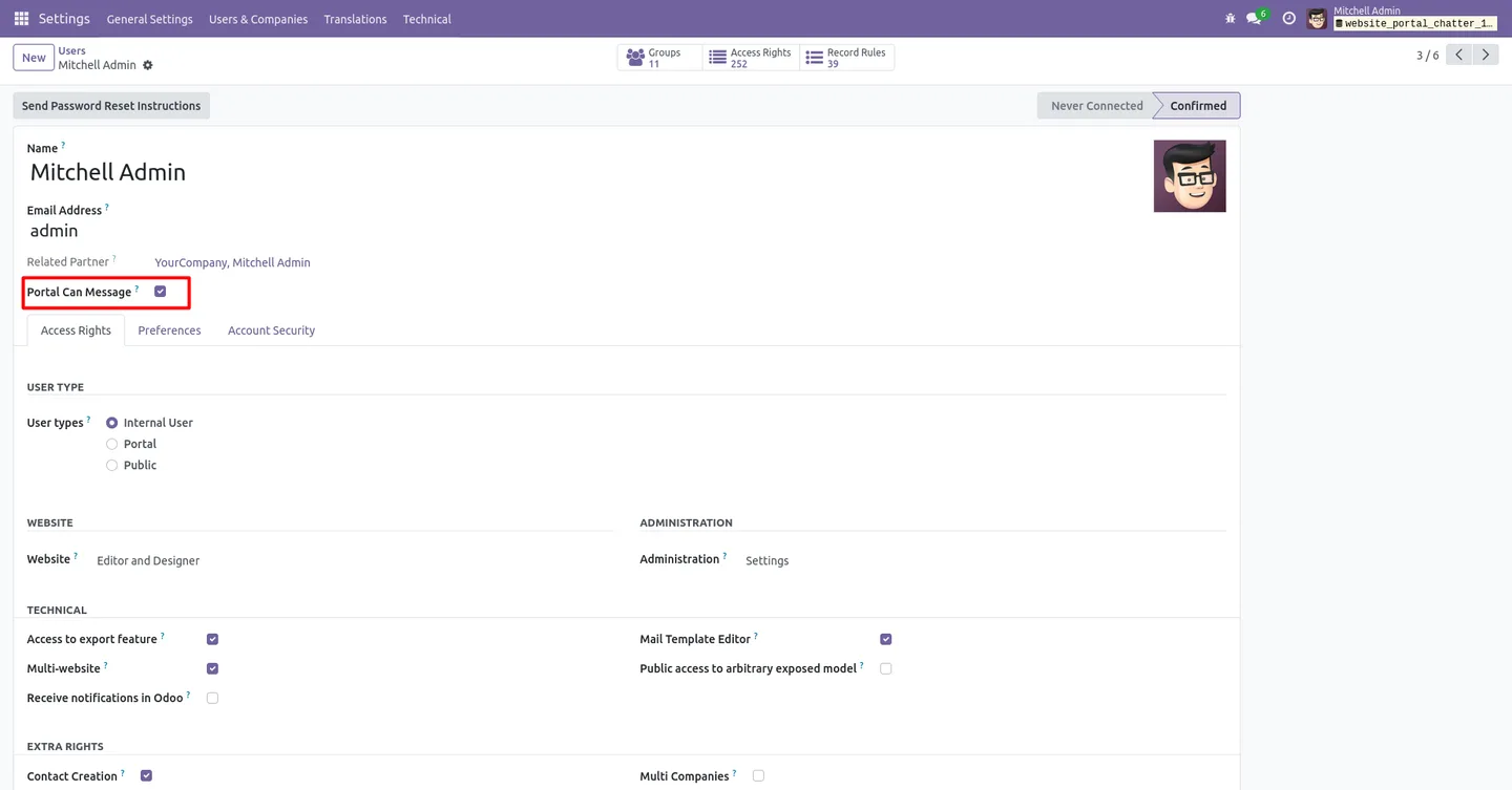 The Portal Can Message setting enabled on an Odoo internal user form