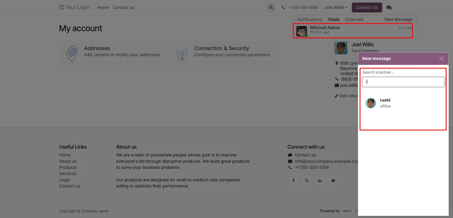The chat menu on a portal user's Odoo account dashboard