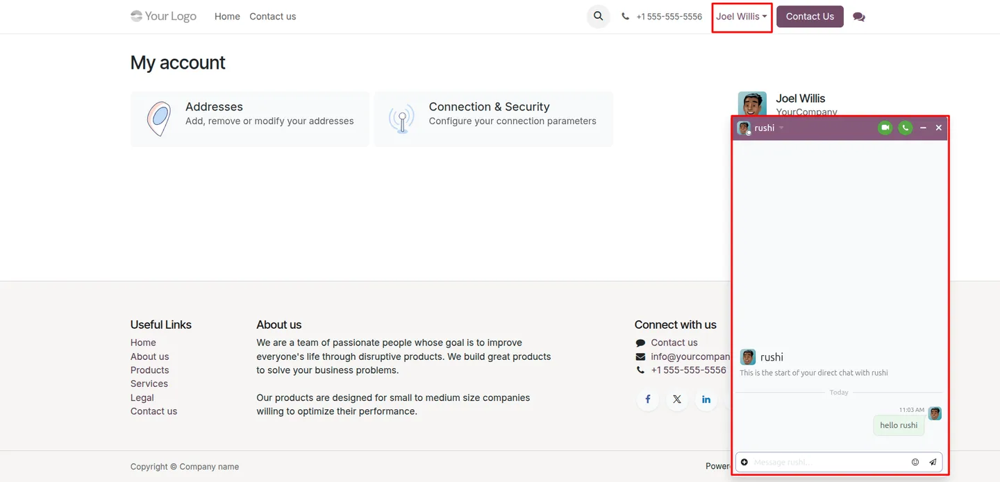 A portal user messaging an internal team member inside the Odoo portal
