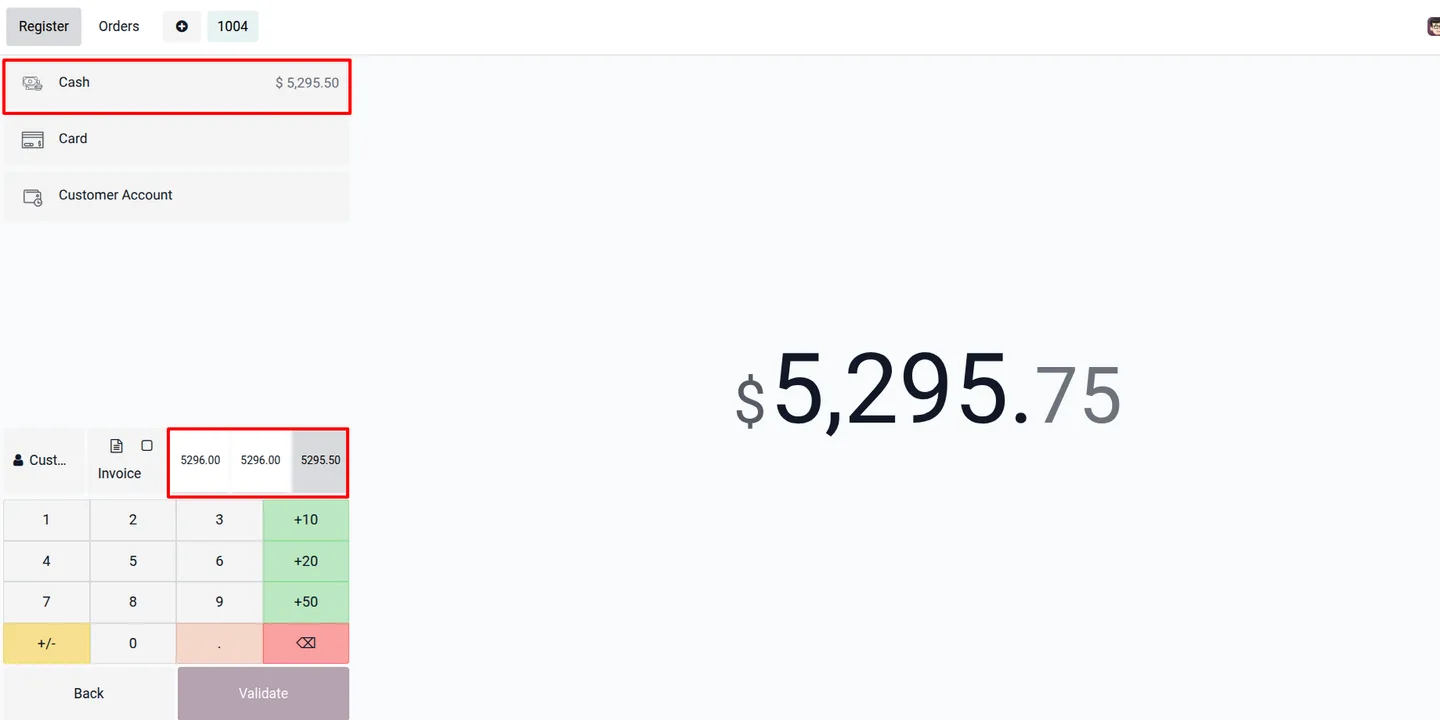 Choosing a cash rounding amount on the Odoo POS payment screen