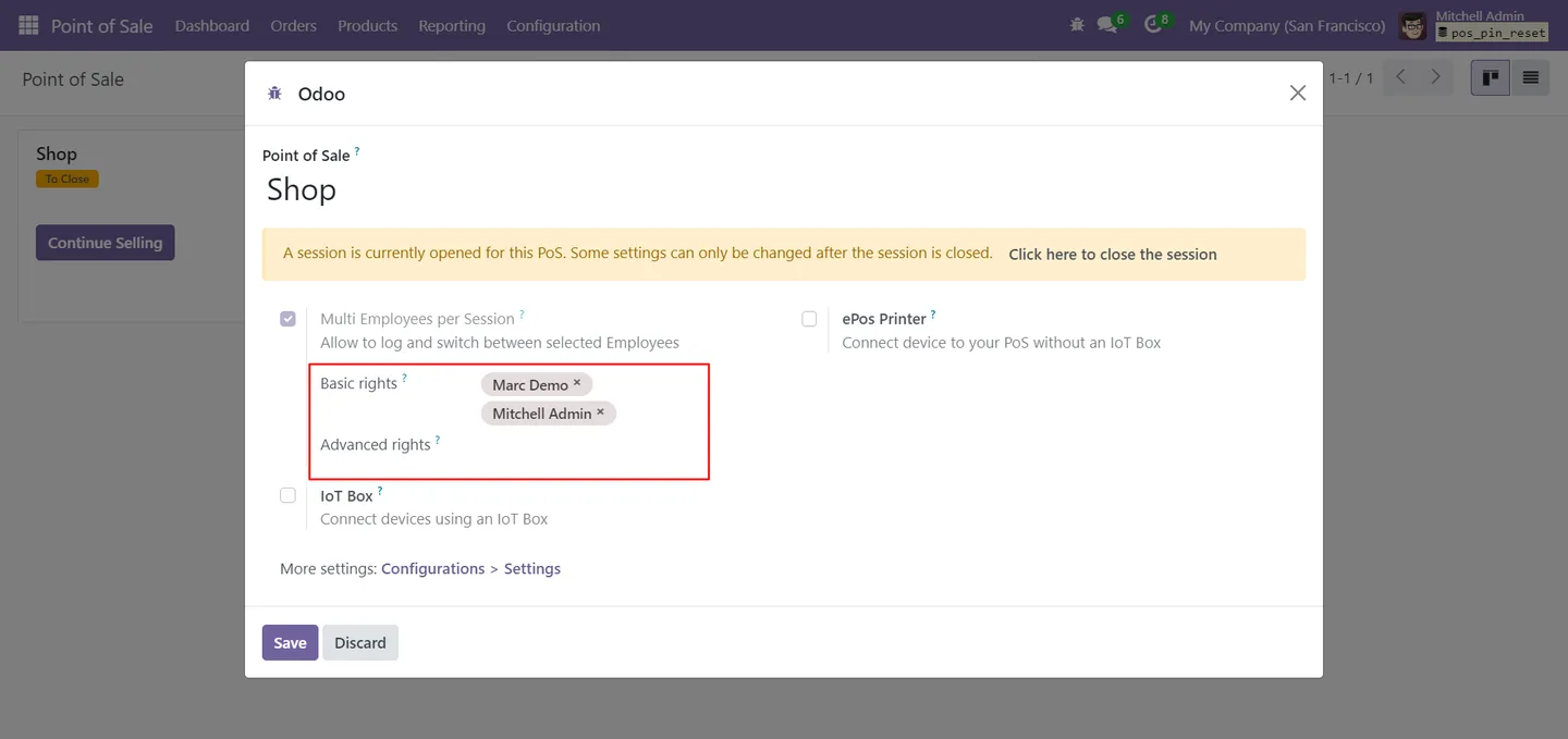 Point of Sale session configuration with multiple allowed employees