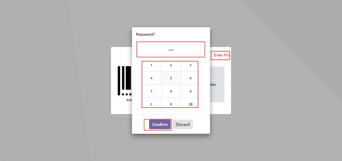 Cashier entering a PIN on the Odoo Point of Sale login screen