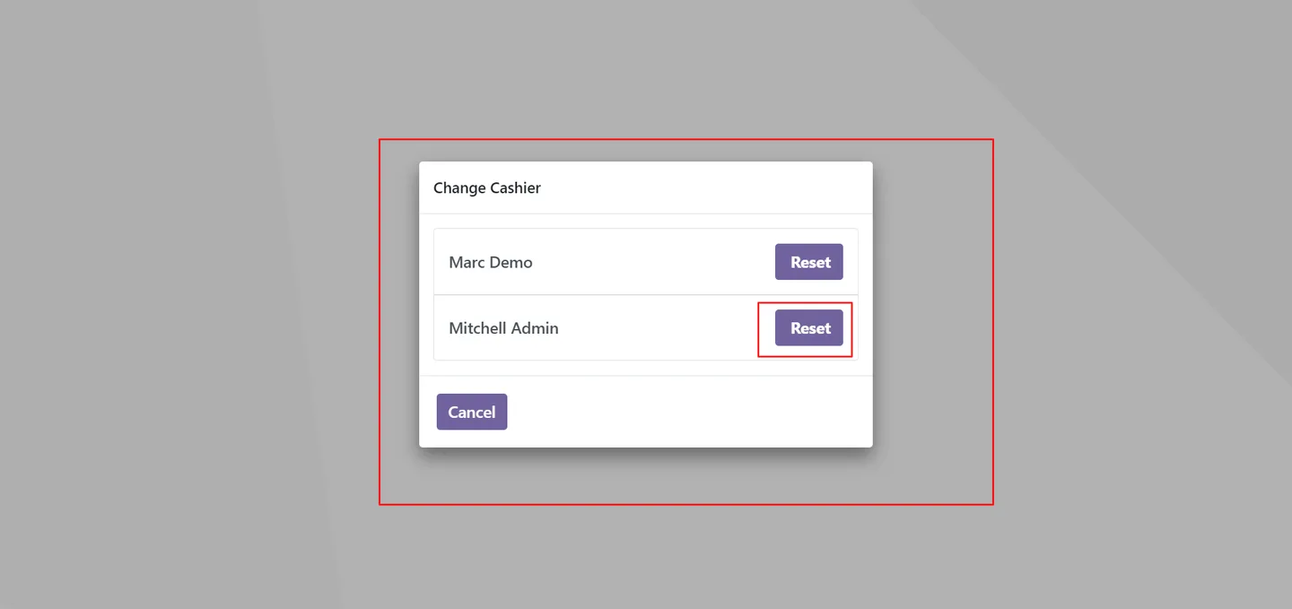 Reset PIN button shown to the selected cashier in the POS