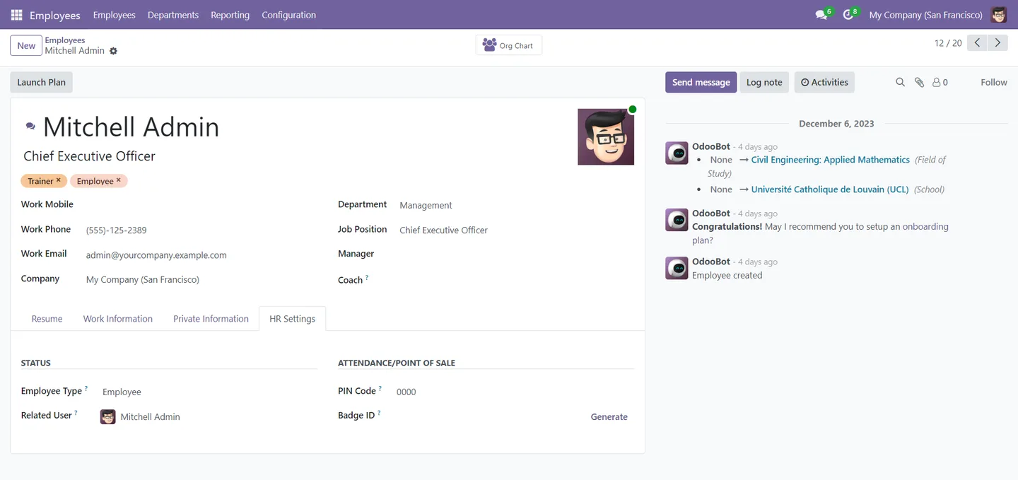 Updated cashier PIN visible on the matching Odoo Employee record