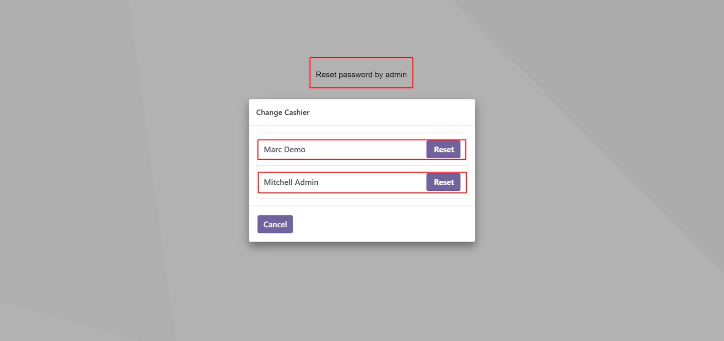 Administrator resetting a cashier password from the POS login screen