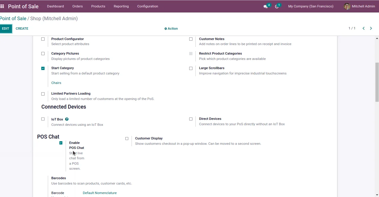 Enable POS Chat option on an Odoo Point of Sale shop configuration