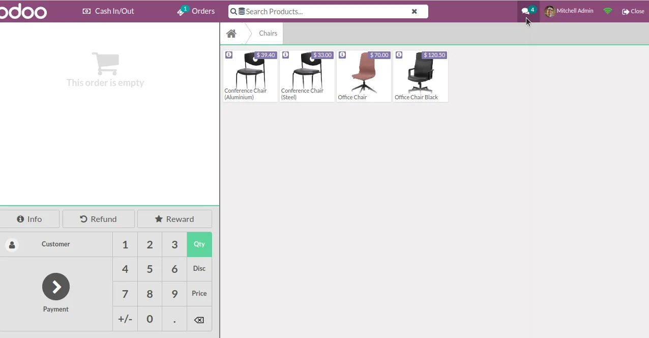 Chatter button inside an open Odoo POS session