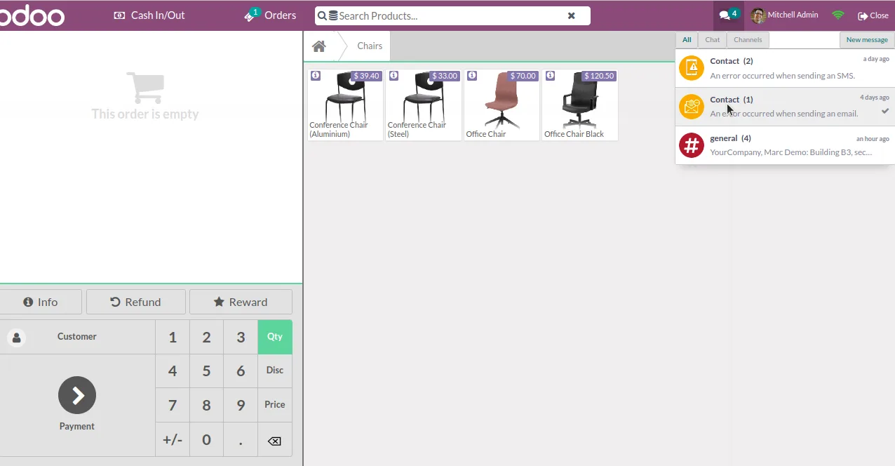 Sending a message from the POS Chatter panel to another Odoo user