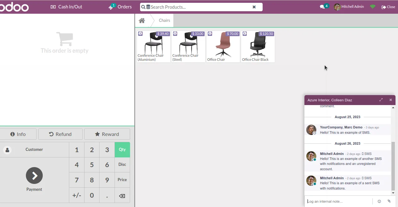 Incoming Discuss message notification appearing inside the Odoo POS interface