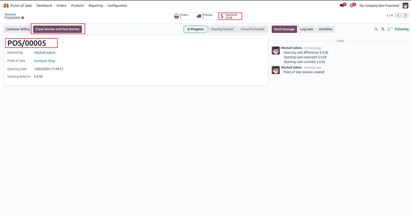 List of Point of Sale sessions in the Odoo backend ready to be closed