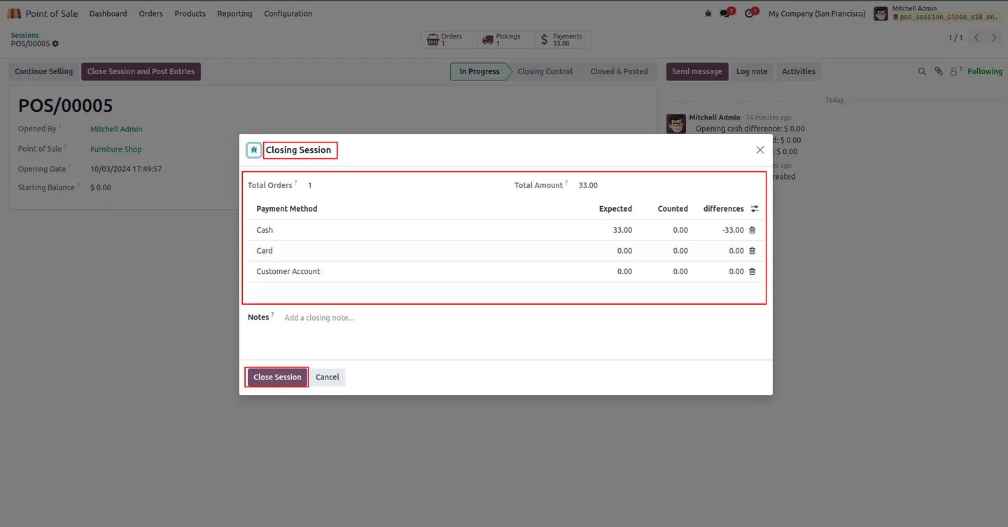 A POS session record in Odoo with the close-and-post-entries button
