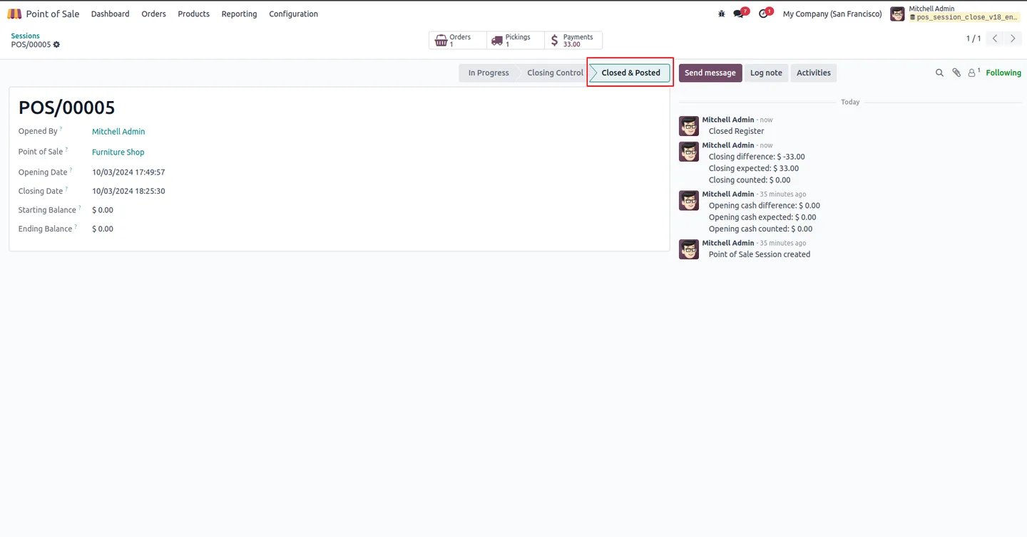 Reviewing POS session details before closing from the Odoo backend