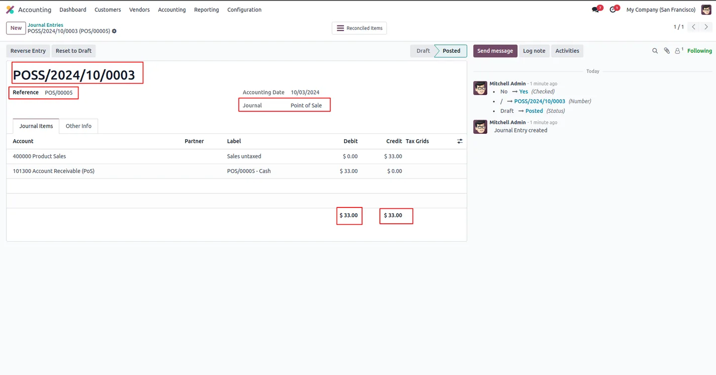 A closed POS session with journal entries posted from the Odoo backend