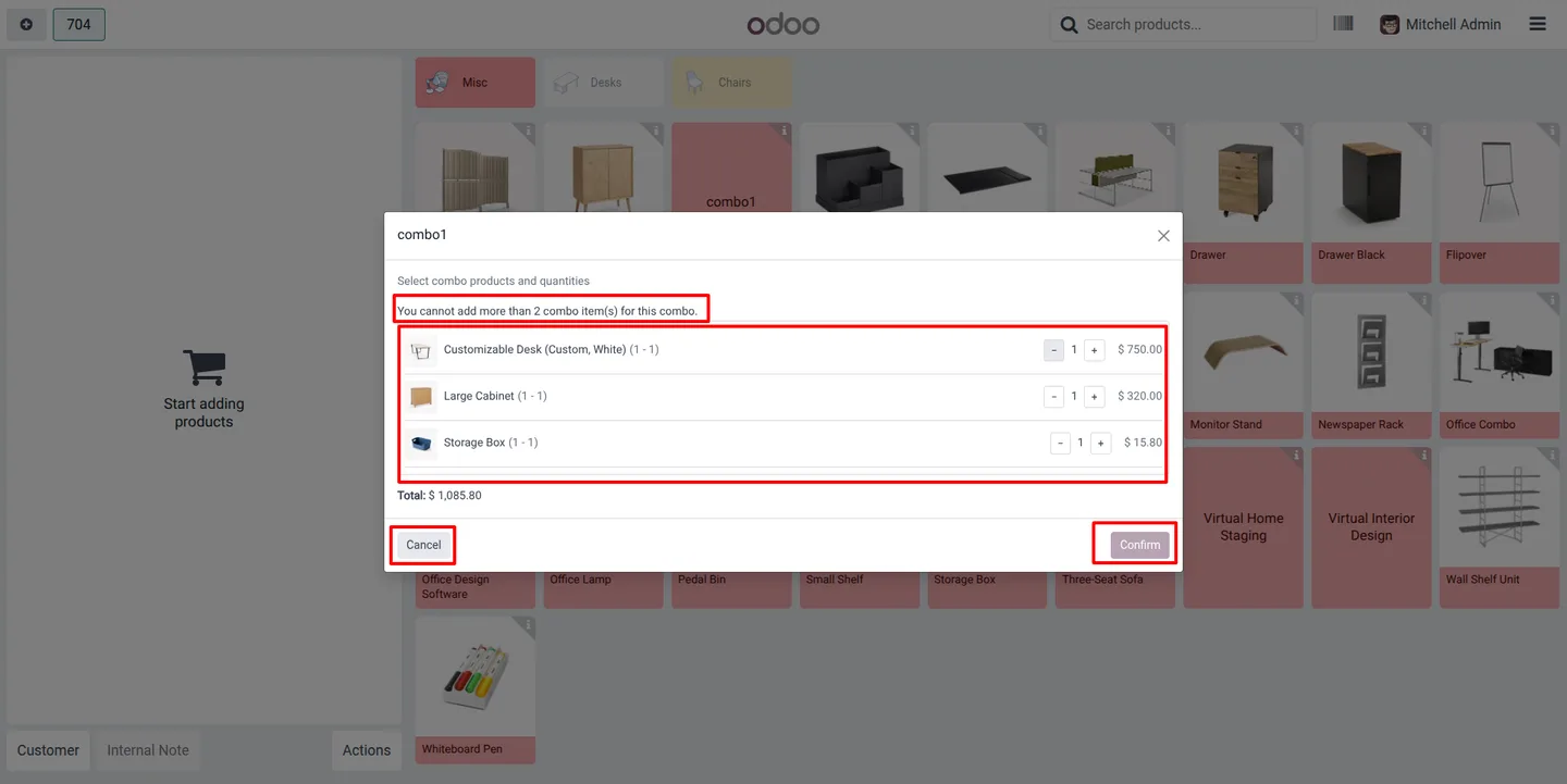 A combo product shown in the Odoo Point of Sale product grid