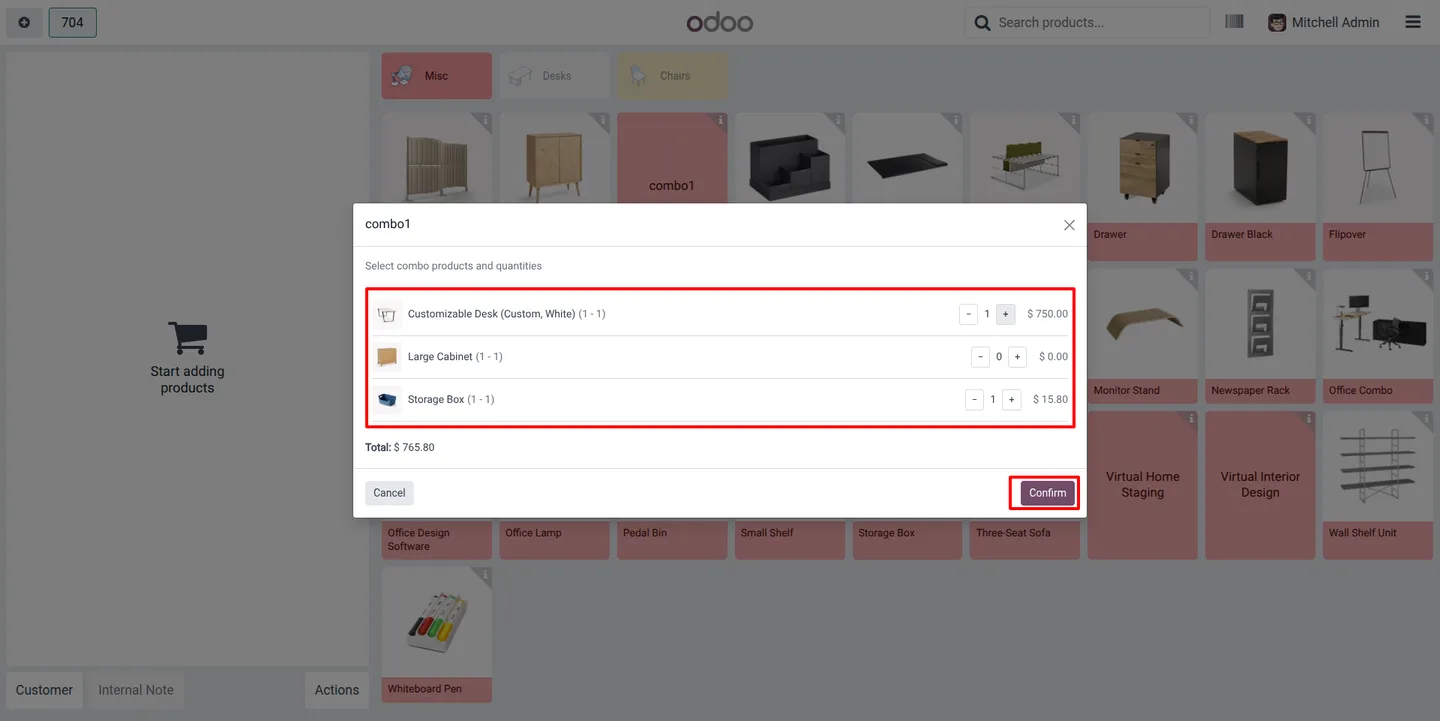 The combo item-selection popup open in the Odoo POS in list view