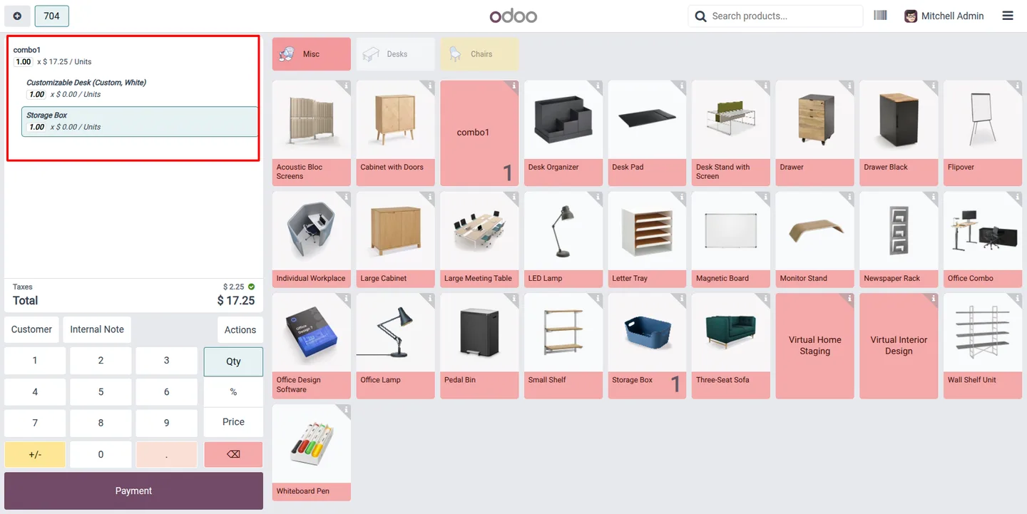 The combo selection popup shown as a grid in the Odoo POS