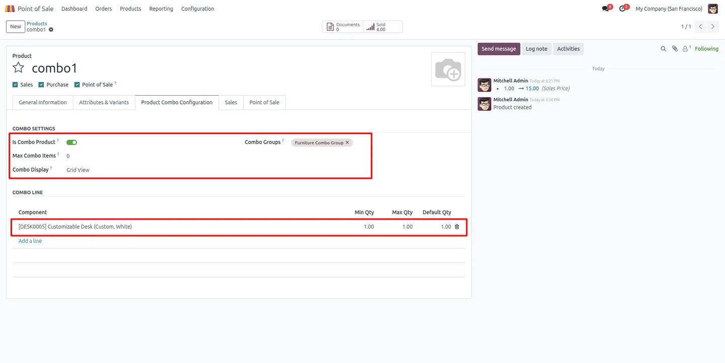 A confirmed combo added to the Odoo POS cart with its selected items