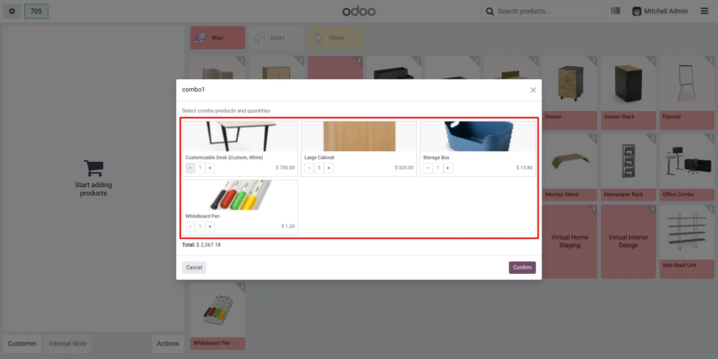 Combo order line showing the chosen bundle items in the Odoo POS