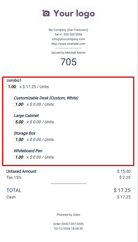 A POS receipt listing the selected combo items in Odoo